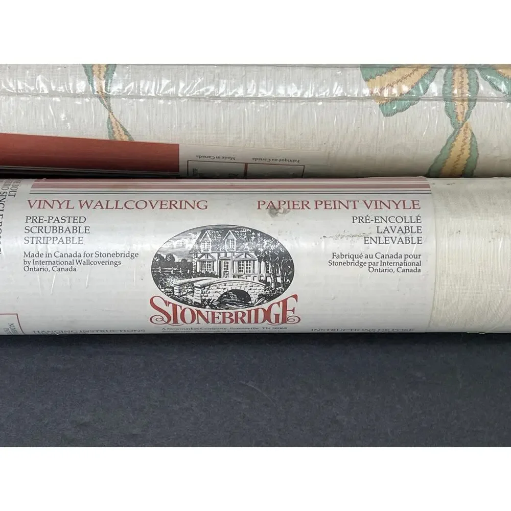 Vintage Wallpaper Wavy Bows Stripe Green Yellow 2 Rolls Stonebridge Cottage